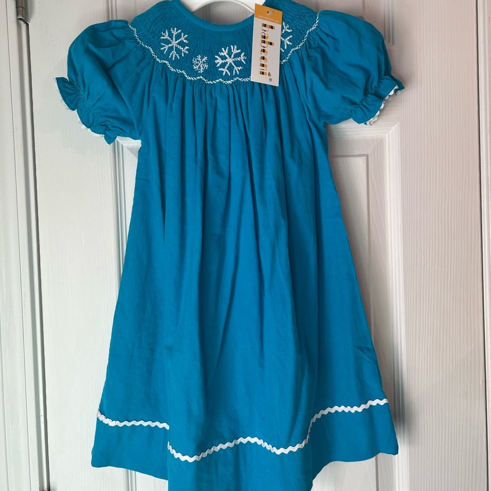 Dark Turquoise Snowflake Corduroy smocked dress- NWT